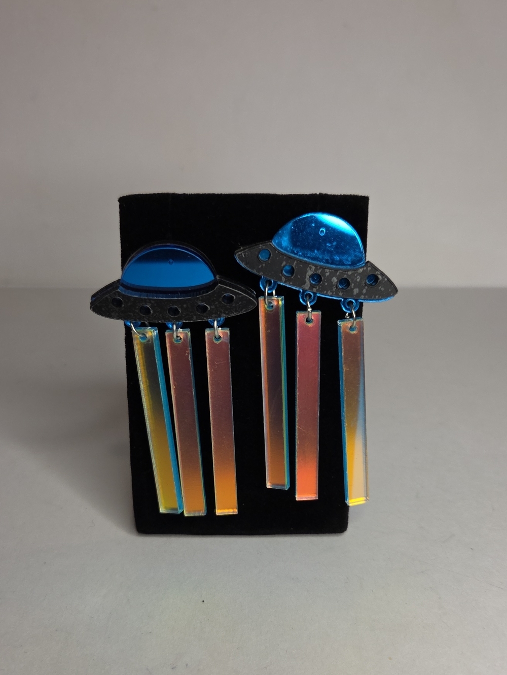 Blue UFO Dangle Earrings with Clear/Blue Lucite Bars